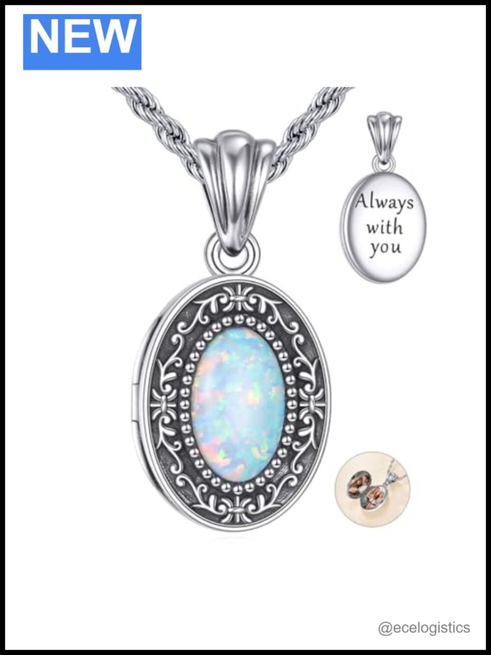 Sterling Silver Oval Opal Locket Necklace Photo Pendant Women Gift
